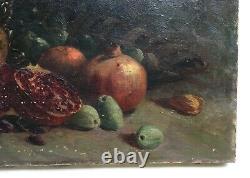 Ancient Table Signed, Oil On Canvas, Still Life In Grenades And Dates, Nineteenth