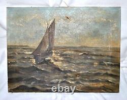 Ancient Tableau 1900 Oil on Canvas MARINE Sailboat Ocean Liner Ocean Storm 35x45