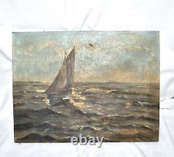 Ancient Tableau 1900 Oil on Canvas MARINE Sailboat Ocean Liner Ocean Storm 35x45