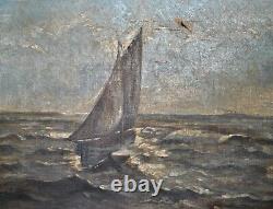 Ancient Tableau 1900 Oil on Canvas MARINE Sailboat Ocean Liner Ocean Storm 35x45