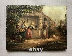 Ancient Tableau, Animated Scene Around the Well, Italy, Oil on Panel, 19th Century