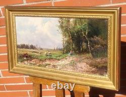 Ancient Tableau. French School. Animated Landscape Oil Painting on Canvas