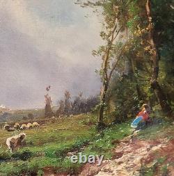 Ancient Tableau. French School. Animated Landscape Oil Painting on Canvas