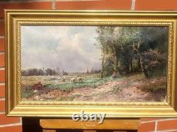 Ancient Tableau. French School. Animated Landscape Oil Painting on Canvas