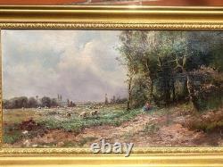 Ancient Tableau. French School. Animated Landscape Oil Painting on Canvas