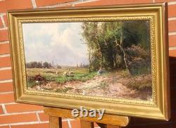 Ancient Tableau. French School. Animated Landscape Oil Painting on Canvas