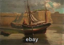 Ancient Tableau, Oil On Cardboard, Low Tide Boat, Early 20th Century