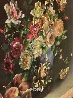 Ancient Tableau Signed BRUN Flower Bouquet Peaches Oil Painting on Panel