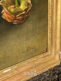 Ancient Tableau Signed BRUN Flower Bouquet Peaches Oil Painting on Panel