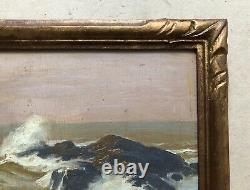 Ancient Tableau Signed Henry Emile Vollet, Rocks at Sea, Oil on Panel, 20th Century