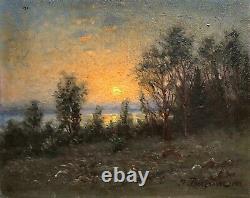 Ancient Tableau Signed J. Boström 1909, Landscape at Twilight, Oil on Cardboard