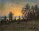 Ancient Tableau Signed J. Boström 1909, Landscape At Twilight, Oil On Cardboard