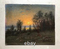 Ancient Tableau Signed J. Boström 1909, Landscape at Twilight, Oil on Cardboard