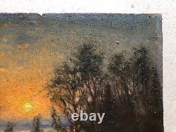 Ancient Tableau Signed J. Boström 1909, Landscape at Twilight, Oil on Cardboard