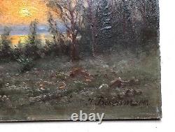 Ancient Tableau Signed J. Boström 1909, Landscape at Twilight, Oil on Cardboard