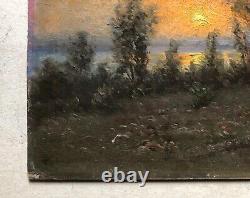 Ancient Tableau Signed J. Boström 1909, Landscape at Twilight, Oil on Cardboard