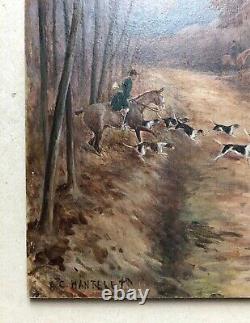 Ancient Tableau Signed Mantelet, Fox Hunting, Oil on Cardboard, Early 20th Century