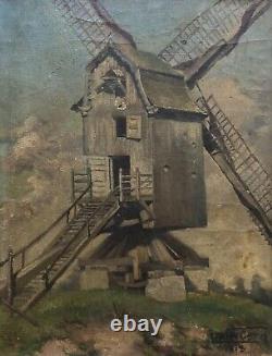 Ancient Tableau Signed and Dated 1913, Windmill, Oil on Canvas, Early 20th Century