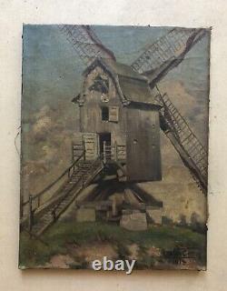 Ancient Tableau Signed and Dated 1913, Windmill, Oil on Canvas, Early 20th Century