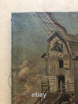 Ancient Tableau Signed and Dated 1913, Windmill, Oil on Canvas, Early 20th Century