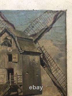 Ancient Tableau Signed and Dated 1913, Windmill, Oil on Canvas, Early 20th Century