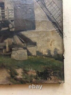 Ancient Tableau Signed and Dated 1913, Windmill, Oil on Canvas, Early 20th Century