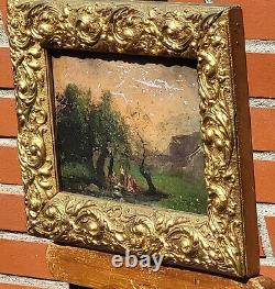 Ancient Tableau signed XlX° Style Animated Landscape Oil Painting on Wood Panel