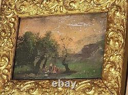 Ancient Tableau signed XlX° Style Animated Landscape Oil Painting on Wood Panel