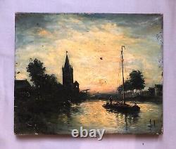 Ancient Tableau to Restore, Boat at Twilight, Oil on Canvas, 19th Century Painting