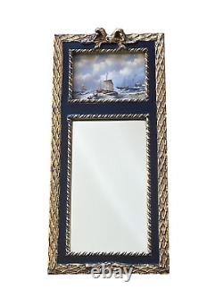 Ancient Trumeau Mirror Oil Painting on Panel Signed Sea Sailboats