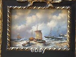 Ancient Trumeau Mirror Oil Painting on Panel Signed Sea Sailboats
