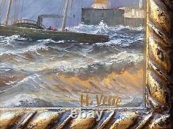 Ancient Trumeau Mirror Oil Painting on Panel Signed Sea Sailboats