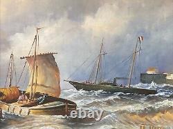 Ancient Trumeau Mirror Oil Painting on Panel Signed Sea Sailboats