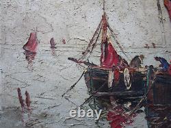 Ancient Very Beautiful Marine Painting Signed Fishing Boat Around 1940 1950 To Clean