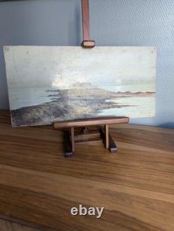 Ancient coastal landscape painting, oil on wood panel signed Louis Chaussel at c
