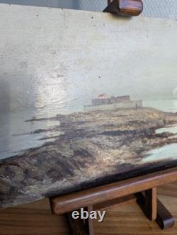 Ancient coastal landscape painting, oil on wood panel signed Louis Chaussel at c