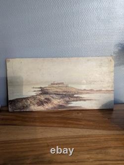 Ancient coastal landscape painting, oil on wood panel signed Louis Chaussel at c
