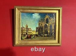 Ancient oil on panel depicting St. Mark's Square in Venice, golden frame