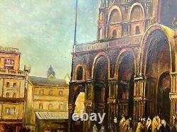 Ancient oil on panel depicting St. Mark's Square in Venice, golden frame
