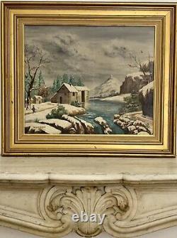 Ancient oil painting of a snowy animated landscape mountain lake by G. Caldessaigues