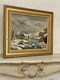 Ancient oil painting of a snowy animated landscape mountain lake by G. Caldessaigues