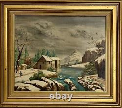 Ancient oil painting of a snowy animated landscape mountain lake by G. Caldessaigues