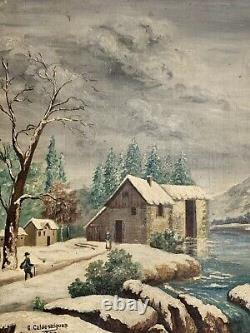 Ancient oil painting of a snowy animated landscape mountain lake by G. Caldessaigues