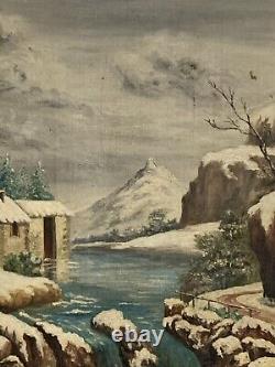 Ancient oil painting of a snowy animated landscape mountain lake by G. Caldessaigues