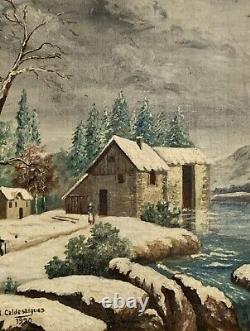 Ancient oil painting of a snowy animated landscape mountain lake by G. Caldessaigues
