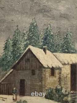 Ancient oil painting of a snowy animated landscape mountain lake by G. Caldessaigues