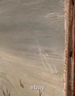 Ancient oil painting of a snowy animated landscape mountain lake by G. Caldessaigues