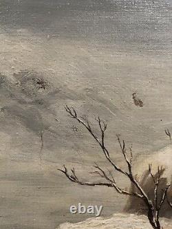 Ancient oil painting of a snowy animated landscape mountain lake by G. Caldessaigues