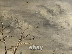 Ancient oil painting of a snowy animated landscape mountain lake by G. Caldessaigues