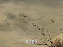 Ancient oil painting of a snowy animated landscape mountain lake by G. Caldessaigues
